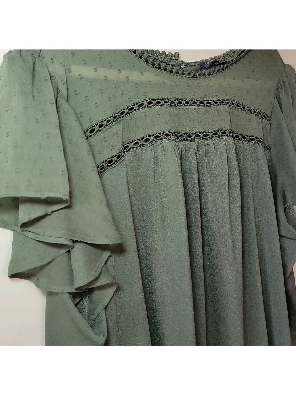Women's Flare Short Sleeve Blouse Size 3XL Sheer Details Whimsygoth Witchy Olive